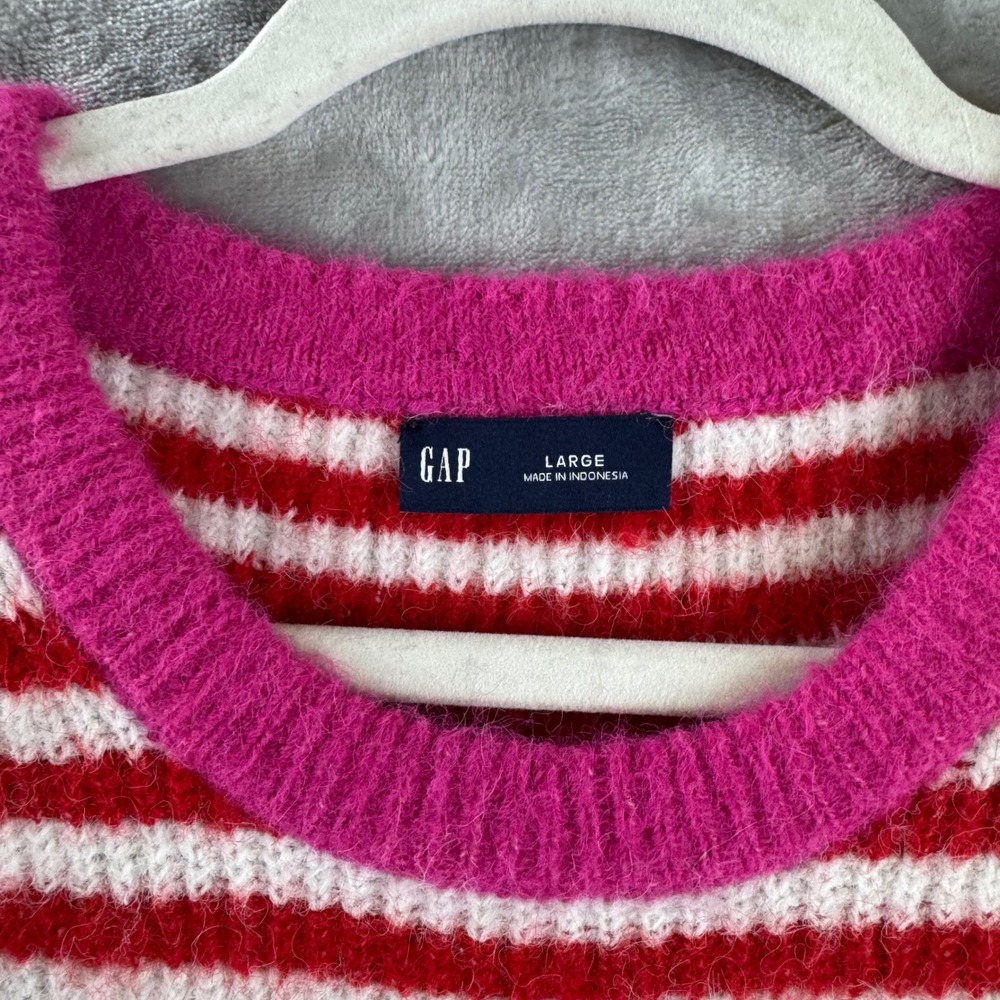 Gap Striped Sweater Womens Large Red White Pink Fuzzy Knit Crewneck (1702) - Picture 2 of 9